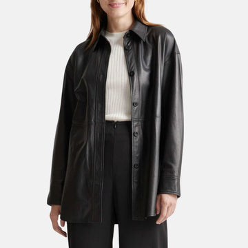 Women’s Black Leather Shirt Jacket