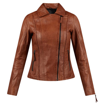 Women’s Cognac Leather Moto Jacket with Asymmetrical Design