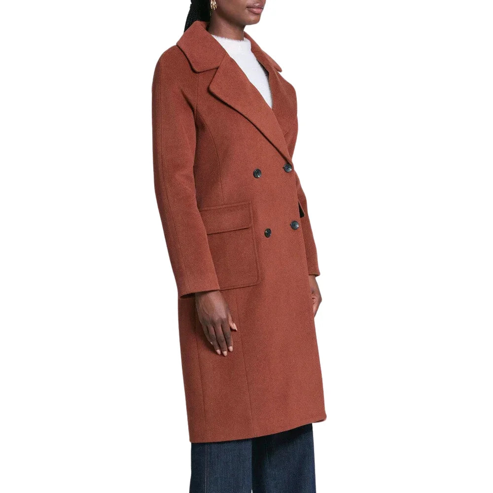 Double-breasted button detail on Belvin brown wool coat