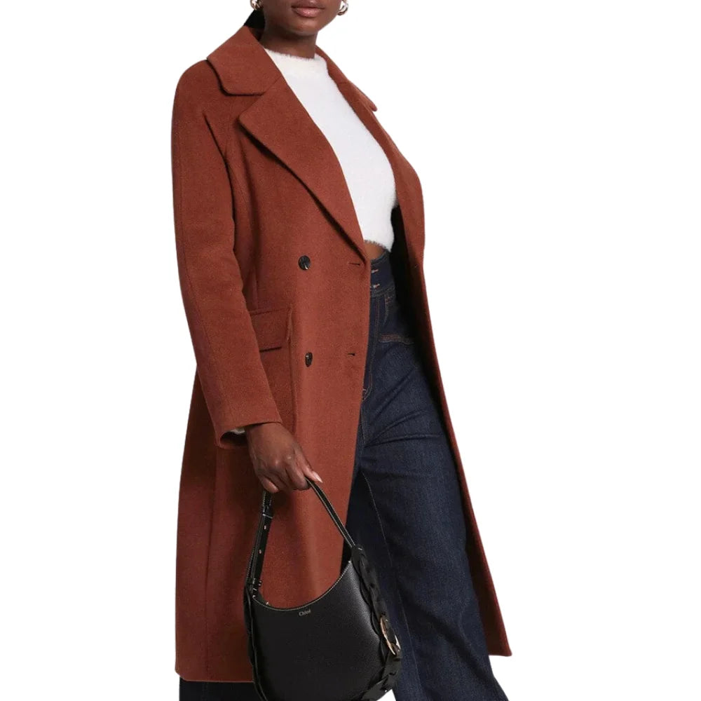 Side view of Belvin brown wool winter coat for women